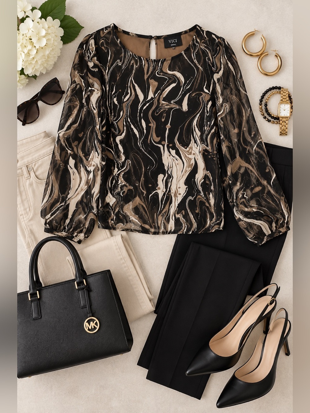 VICI Black Cream Taupe Abstract Swirl Sheer Sleeve Blouse